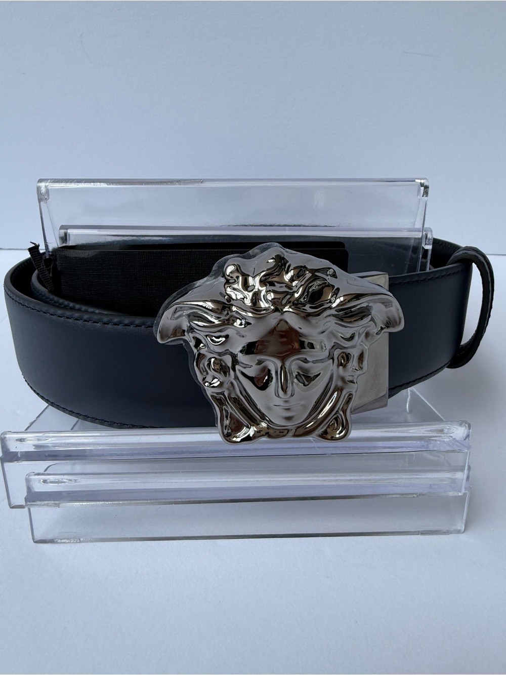 NWT Versace Black/Blue Leather Belt with Silver Medusa Head Buckle- 95/38 - Picture 8 of 10